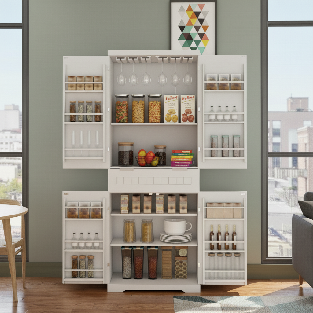 Pantry Cabinet, 71.65" Tall Storage Cabinet with Drawer, 2 Cabinets & 6 Door Shelves, Adjustable Shelves, Freestanding Cupboard for Kitchen, Living Room, Bathroom, Farmhouse Style, White