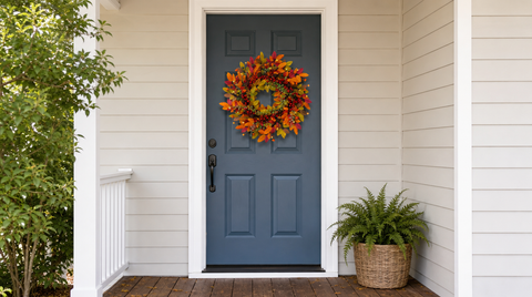 “22-inch artificial fall wreath centered on a blue front door, shown in a full doorway view beside a potted fern.”