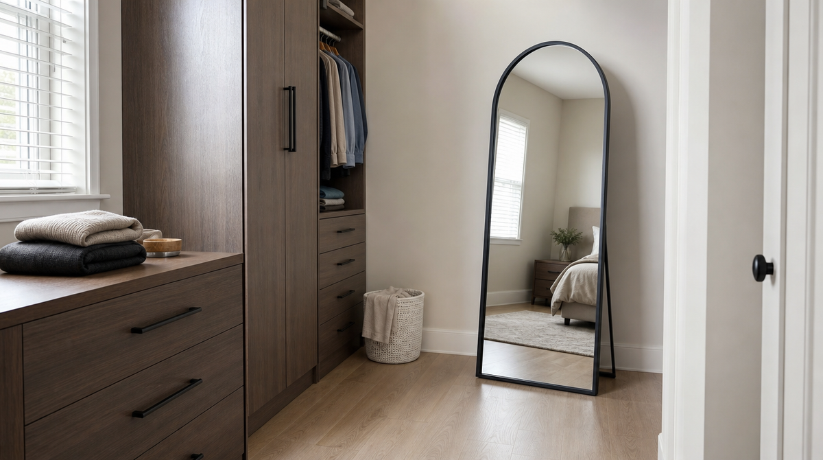 “Black freestanding arched mirror positioned beside a wardrobe, with its rear support extending behind it.”