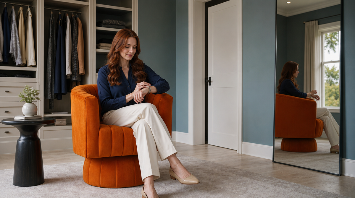 “Woman adjusting her watch in an orange velvet accent chair beside an open wardrobe and full-length mirror.”