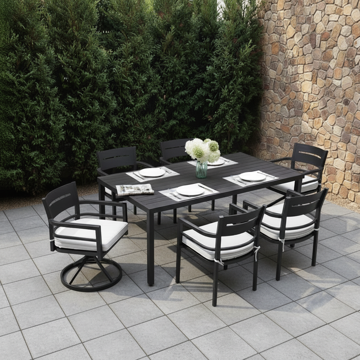7-Piece Outdoor Patio Aluminum Furniture, Modern Dining Set, including 4 Dining Chairs & 2 Swivel Rockers Sunbrella Fabric Cushioned and Rectangle Dining Table with Umbrella Hole, Ember Black