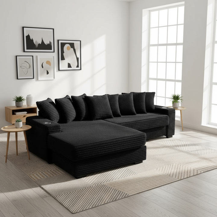 111.4 " Black corduroy sofa, armrest with cup holder and storage function, recliner can be changed left and right, suitable for living room bedroom lounge area