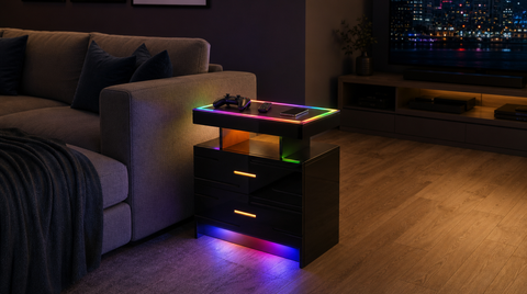 “Black RGB LED nightstand beside a gray sofa, with a game controller, remote, and phone on its illuminated top.”
