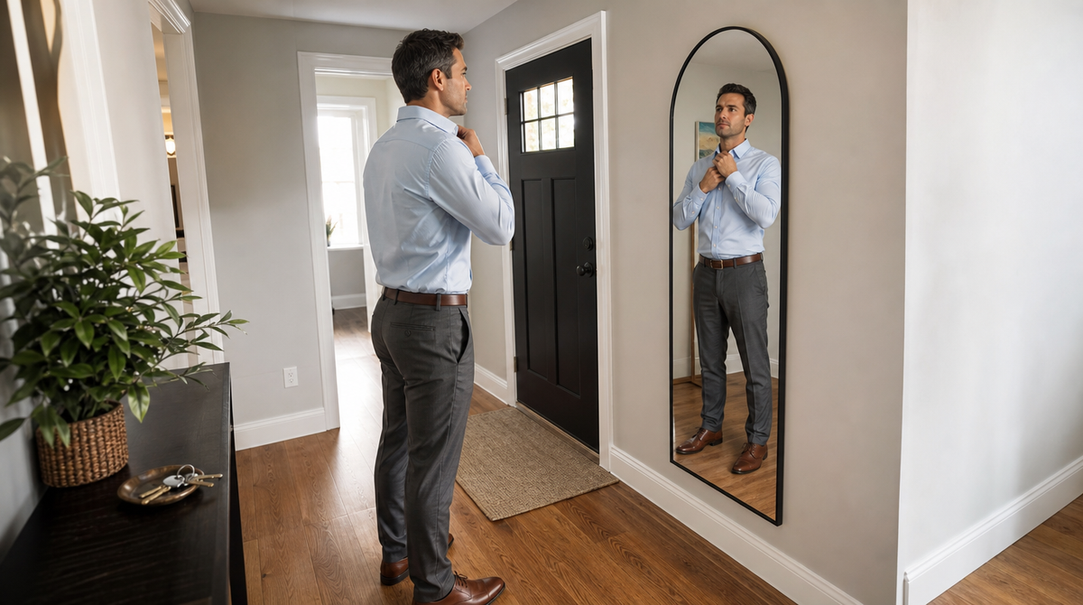 “Man adjusting his collar in a black wall-mounted arched mirror beside the front door.”