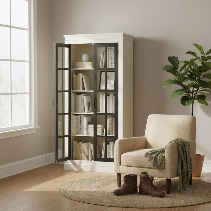 71.2'' Freestanding Pantry Cabinet with Glass Door, Farmhouse Display Cabinets with Storage, Curio Cabinet with Lattice Window for Hallways, Livingroom Kitchen & Office, White & Black