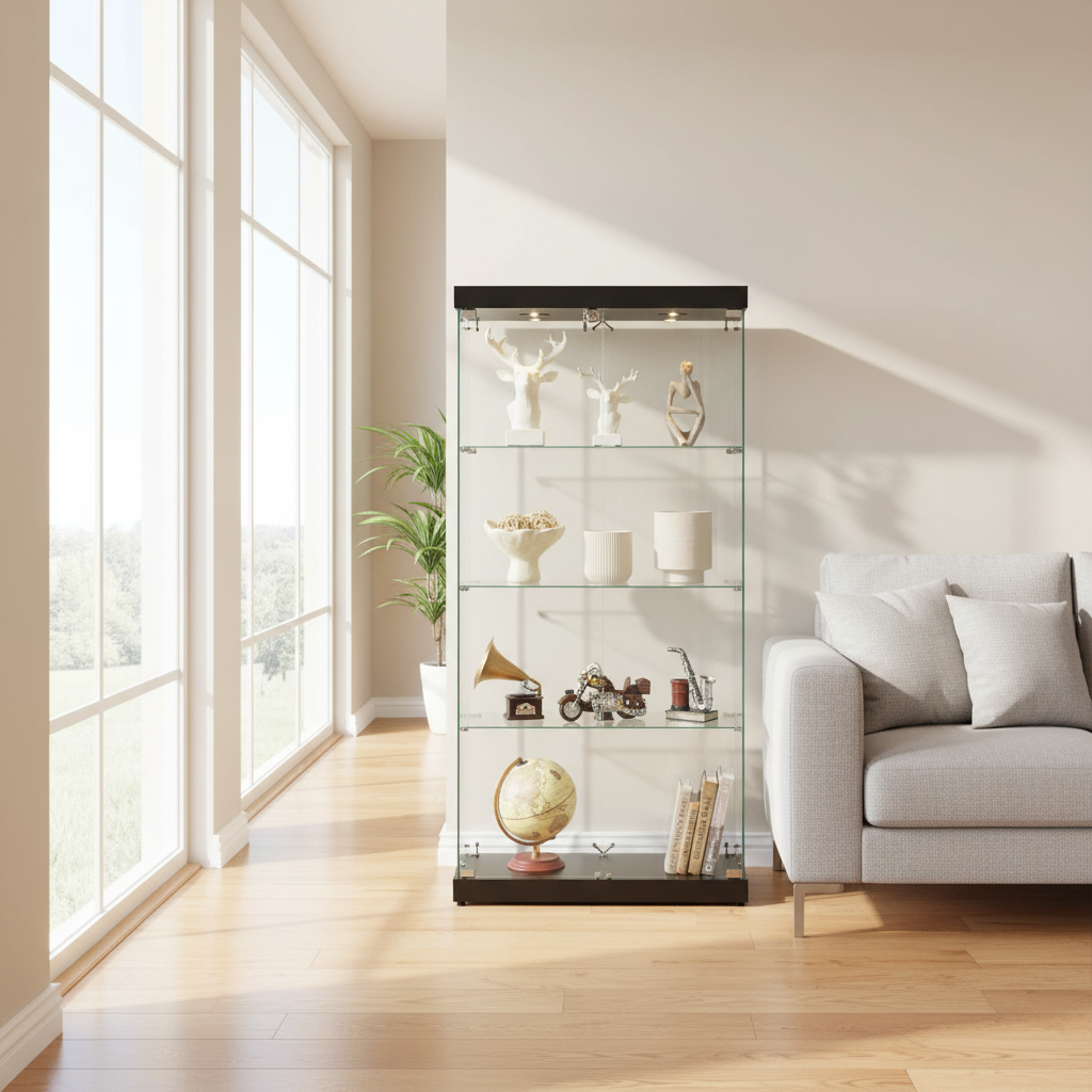 4-Tier Glass Display Cabinet, Double Door Glass Cabinet, Four Partitions, Two Locks, Floor Standing Storage Cabinet for Living Room, Bedroom, Showroom and Office, Black, 31.5"L x 14.2"W x 66.3"H