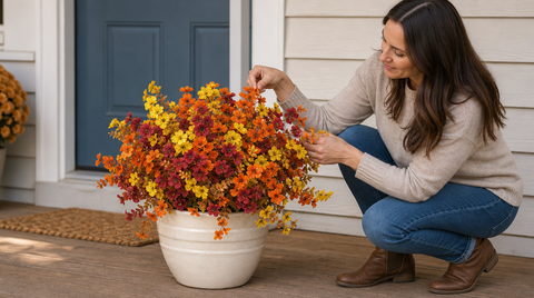 Woman crouching beside a cream porch planter filled with a rounded display of orange, yellow, and burgundy faux daisies.