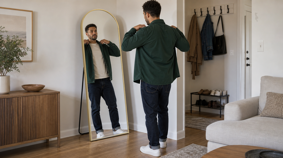 “Man checking his jacket in a gold freestanding arched mirror near the entryway, with its rear stand visible.”