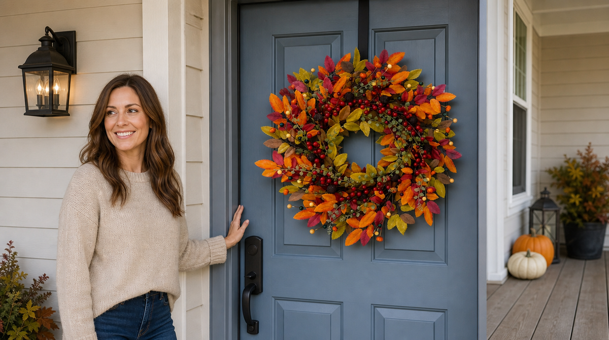 Artificial fall wreath with colorful leaves and red berries on a blue front door beside a woman on the porch