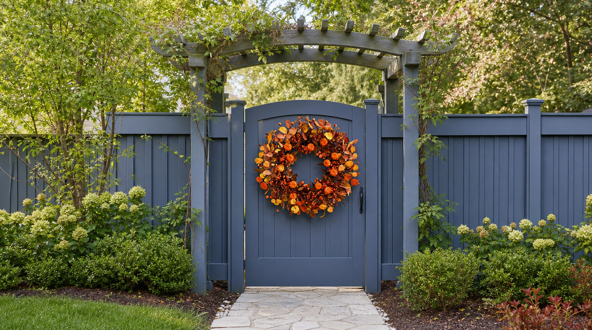 Orange pumpkin and berry wreath centered on a blue garden gate beneath a wooden arbor.