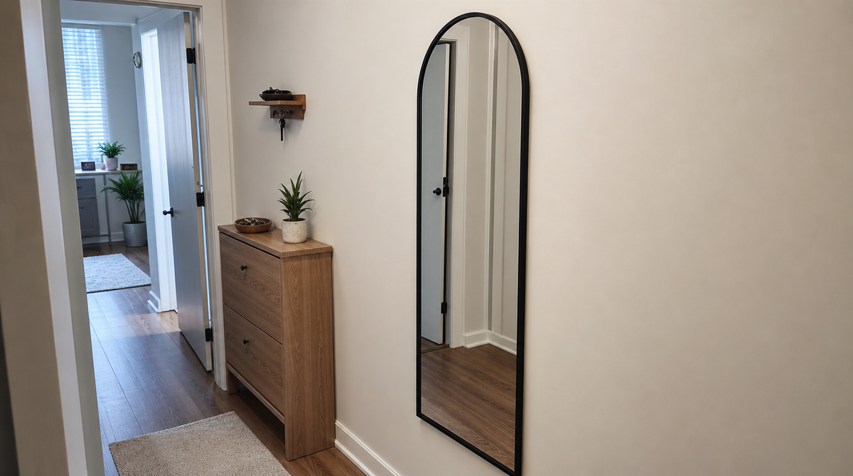 “Black arched mirror mounted above the floor in a narrow hallway beside a wooden storage cabinet.”