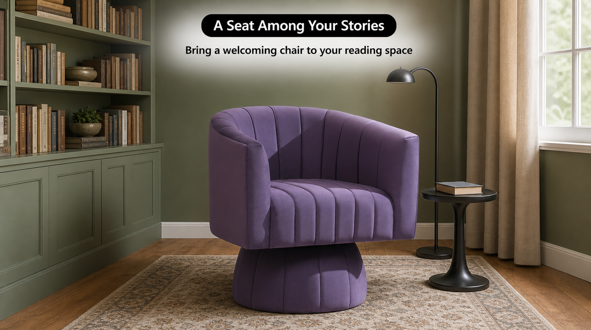 “Purple velvet swivel chair beside built-in bookshelves, with a reading lamp and a book on a side table.”