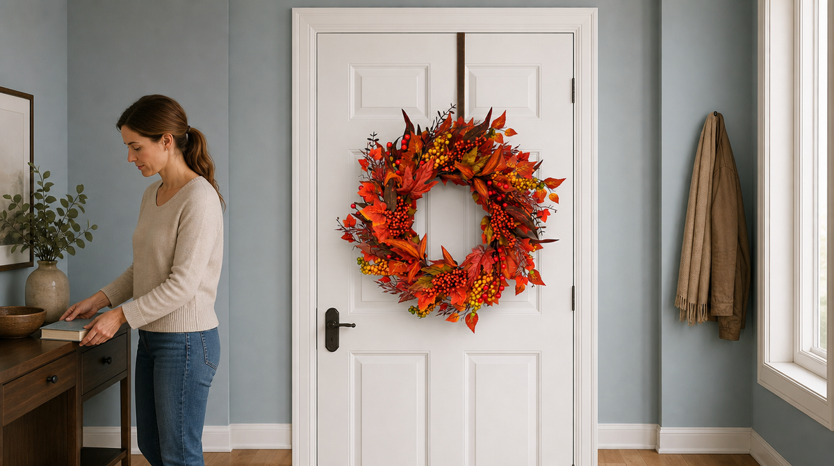 Red and orange leaf wreath with berry clusters hanging from an over-the-door hanger on a white entryway door.