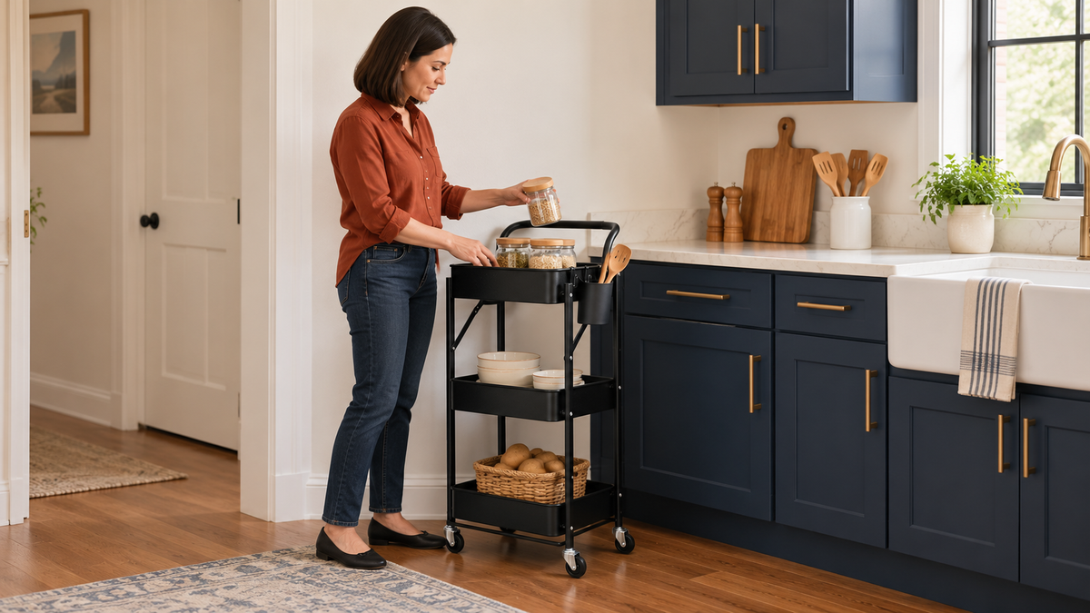 Woman organizing pantry jars on a black foldable 3-tier metal rolling cart with dishes below and utensils in its side cup.