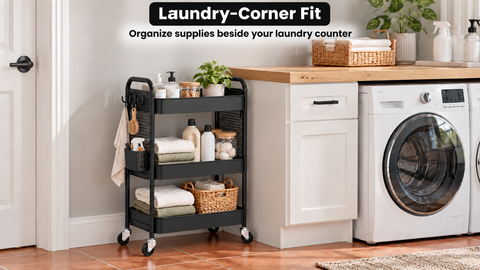 Black pegboard cart beside a laundry counter, with towels and bottles on its shelves and a brush hanging from the side.