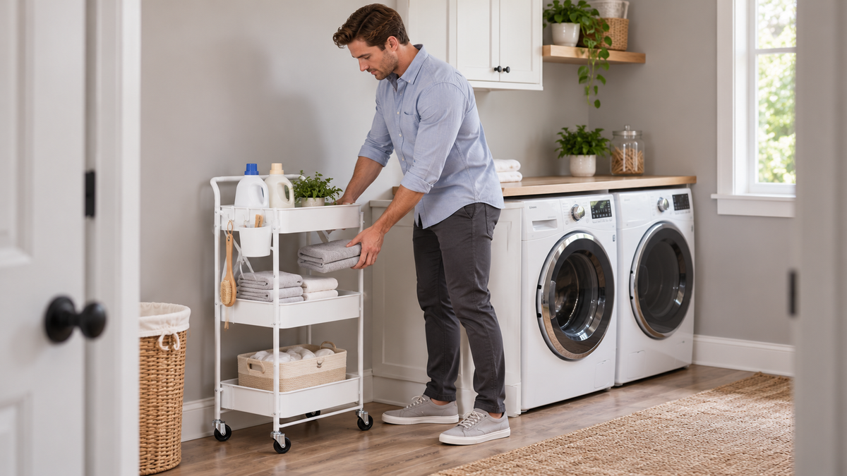 Man placing folded towels on a white foldable rolling cart stocked with laundry supplies beside a washer and dryer.