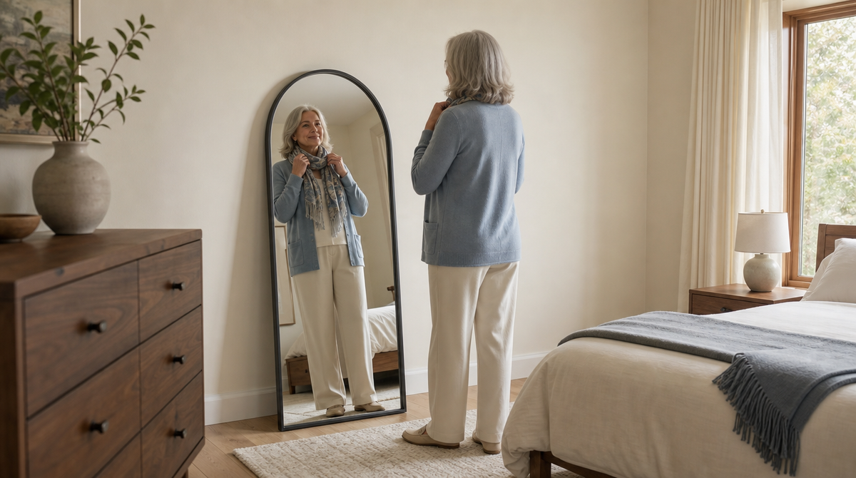 “Woman adjusting her scarf in a black arched full length mirror leaning against a bedroom wall.”