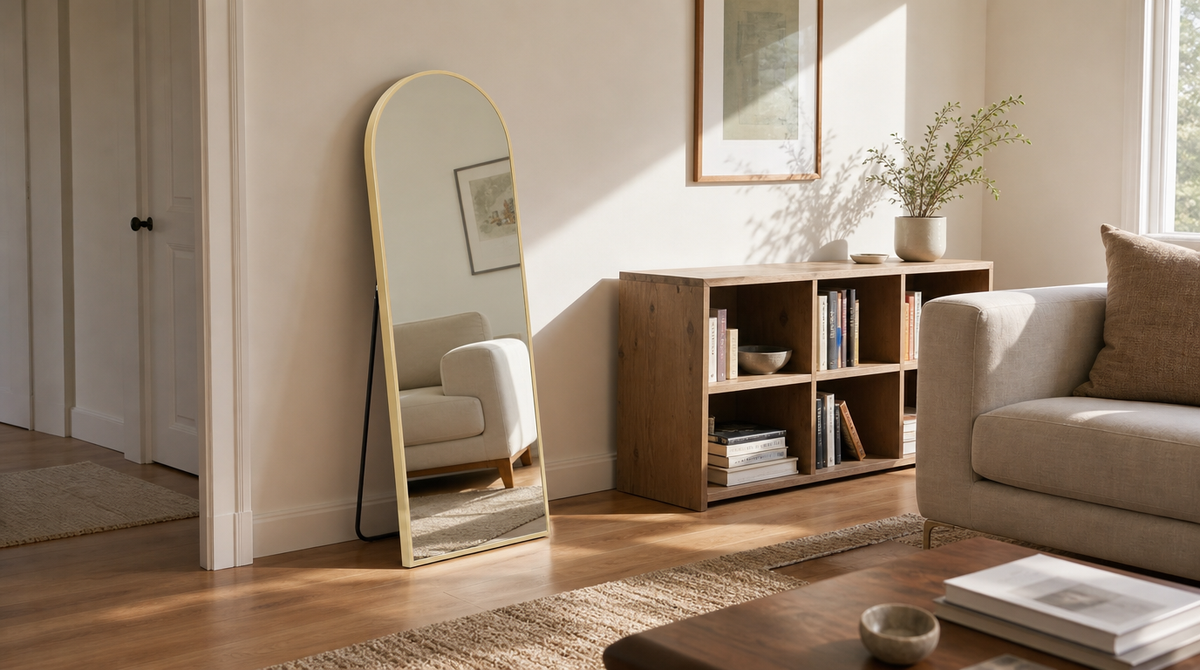 “Gold arched mirror standing beside a low bookcase and cream sofa in a sunlit living room.”