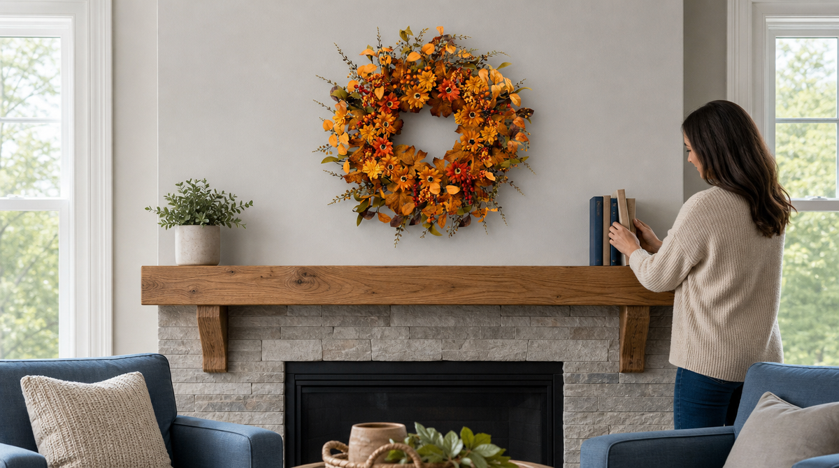 Orange floral fall wreath above a wood mantel and stone fireplace, with a woman arranging books nearby