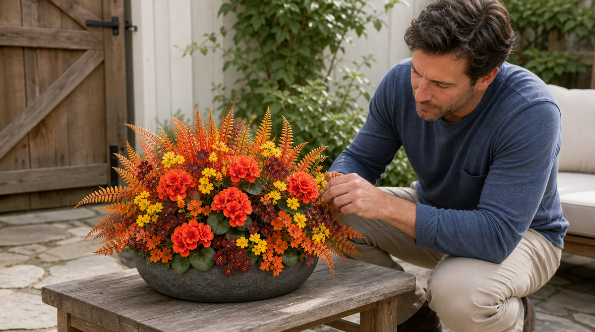 Man shaping a patio centerpiece with orange flower clusters, small daisies, and tall fern-like foliage in a gray bowl.