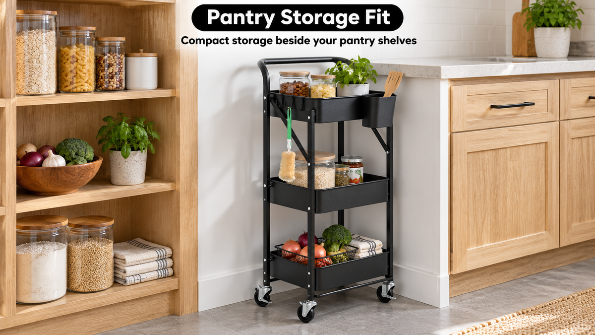 Black foldable cart between pantry shelving and a kitchen counter, holding jars, produce, towels, and utensils.