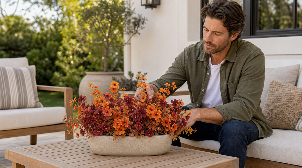 Man adjusting orange and burgundy faux daisies in a low beige planter on a patio coffee table.