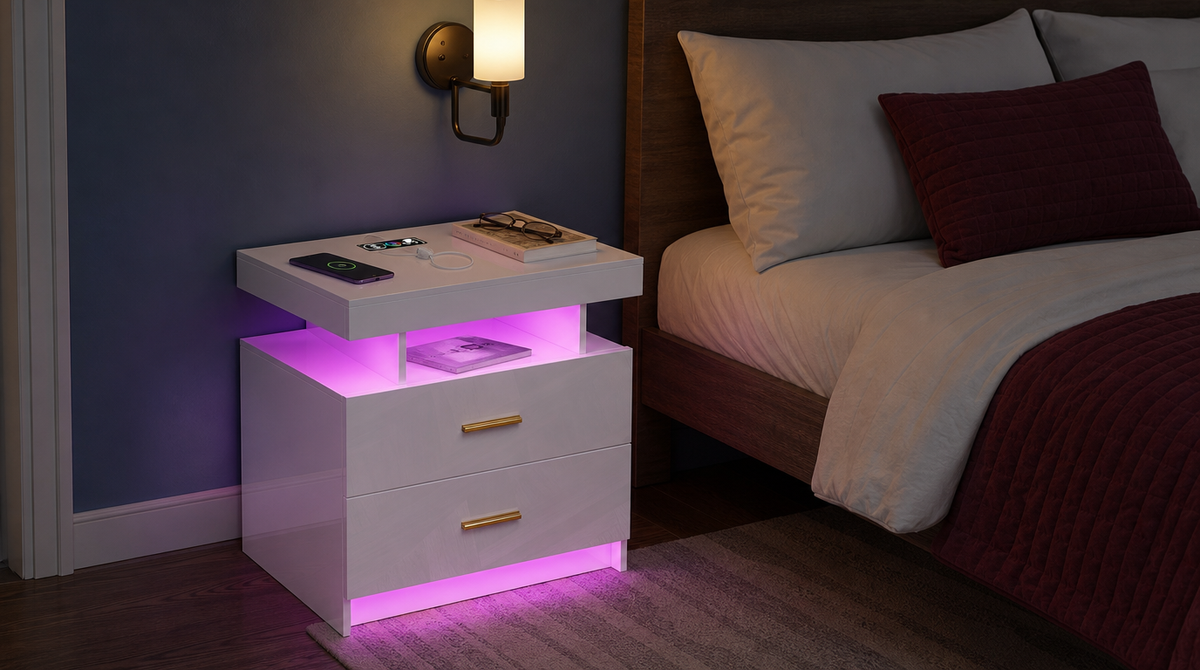 “White two-drawer nightstand beside a wooden bed, with pink lighting beneath the shelf and base and a phone on top.”