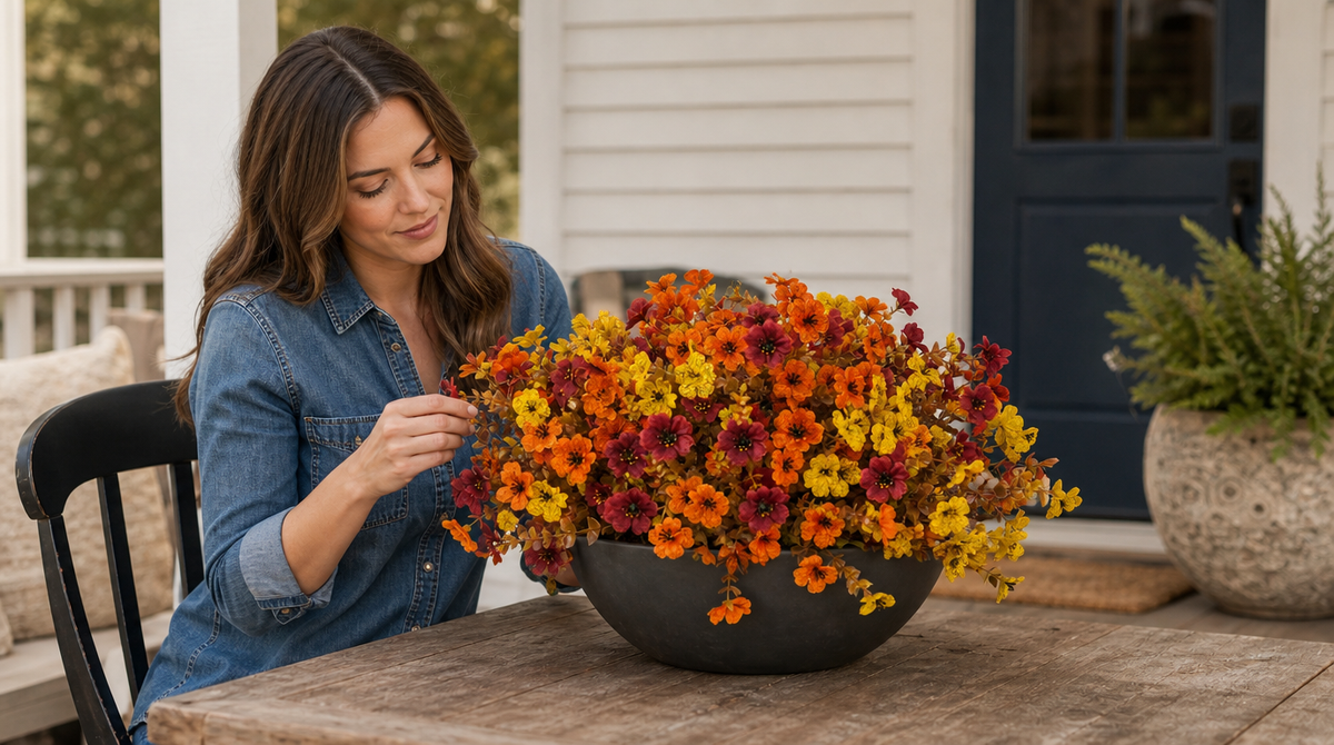 Woman arranging orange, yellow, and burgundy artificial fall flowers in a black bowl on a porch table.