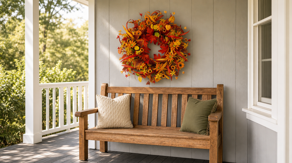 Orange and yellow floral wreath with red leaves displayed above a wooden bench on a covered porch.