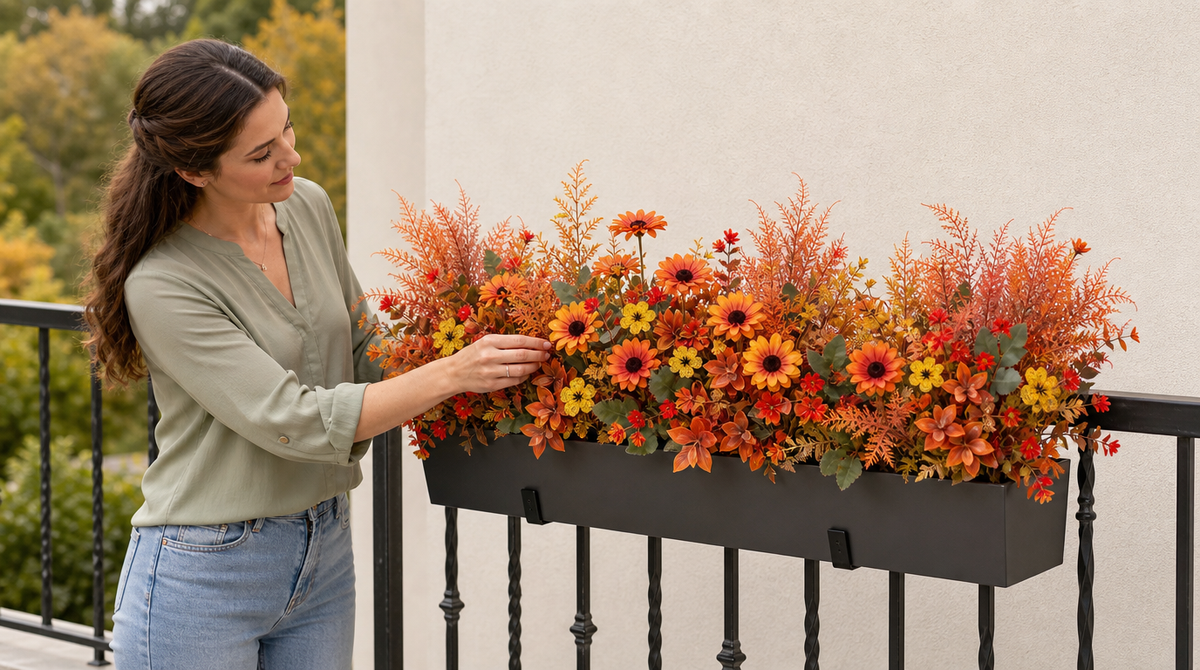 Artificial fall flowers with orange fern-like foliage fill a black railing planter as a woman adjusts the blooms.