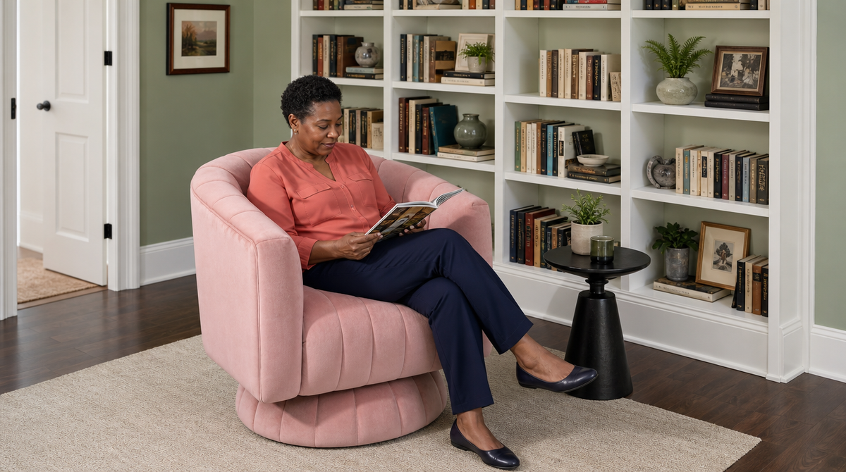 “Woman reading a magazine with her legs crossed in a pink barrel chair in front of white bookshelves.”
