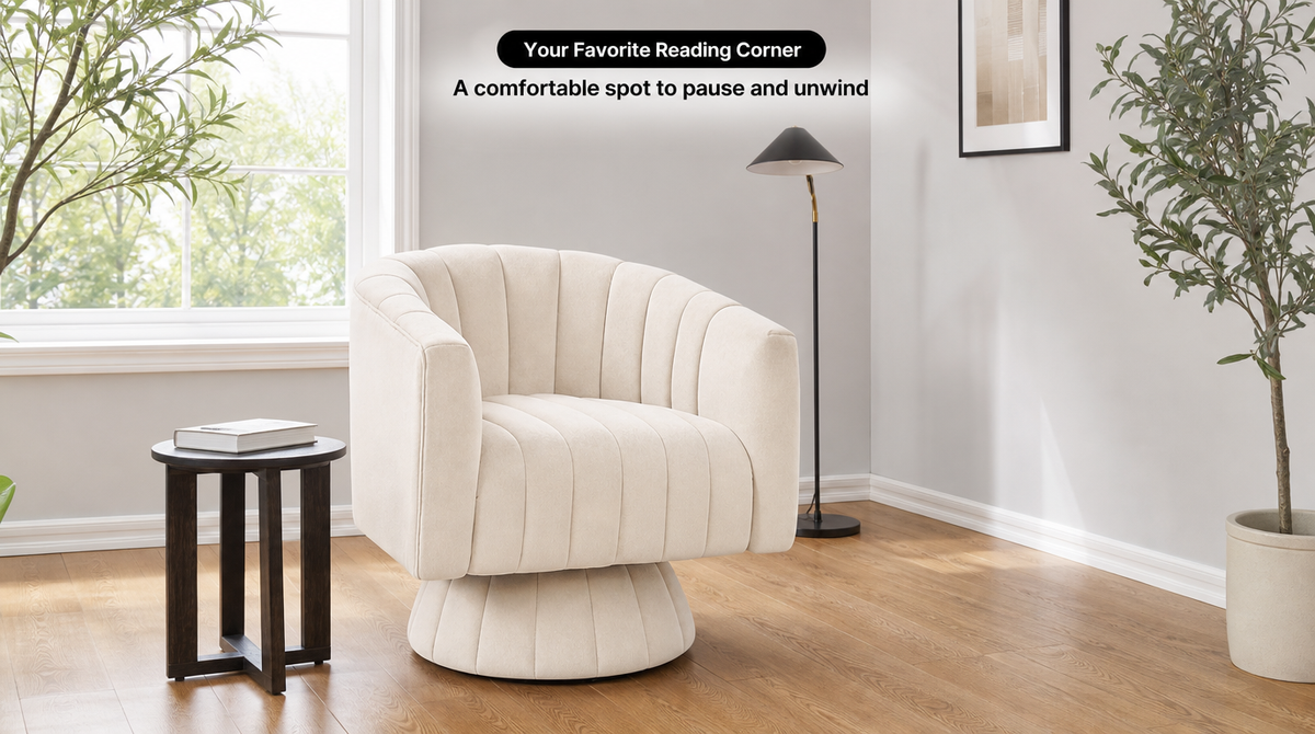 “Beige channel tufted swivel accent chair beside a sunny window, with a book on a side table and a floor lamp.”