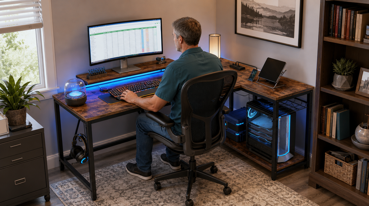 “Man working on a spreadsheet at a rustic brown L-shaped desk with blue LED lighting and a tablet on the side return.”