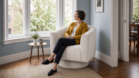“Woman wearing headphones seated in a beige swivel accent chair beside large windows, showing the chair’s scale.”