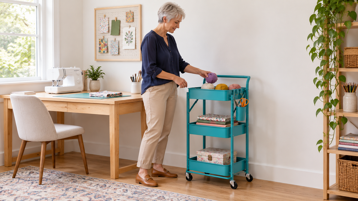 “Woman organizing yarn on a teal foldable cart, with fabric on the middle shelf and scissors in the hanging cup.”