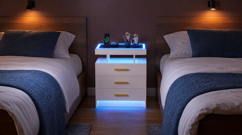 “White three-drawer LED nightstand centered between two beds, with blue lighting and a phone on top.”