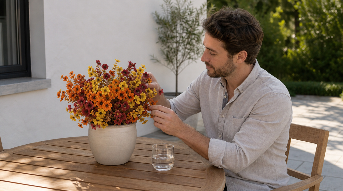Compact artificial fall flower arrangement in a beige pot beside a drinking glass on an outdoor dining table