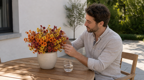 Compact artificial fall flower arrangement in a beige pot beside a drinking glass on an outdoor dining table