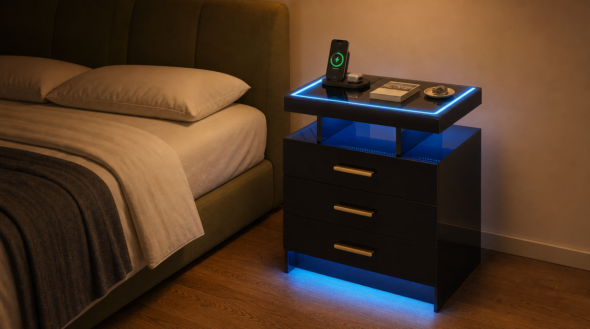 “Black three-drawer nightstand beside an upholstered bed, with blue lighting around the top, shelf, and base.”