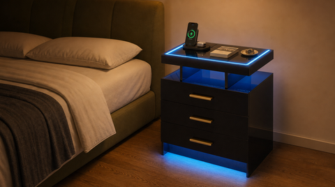 “Black three-drawer nightstand beside an upholstered bed, with blue lighting around the top, shelf, and base.”