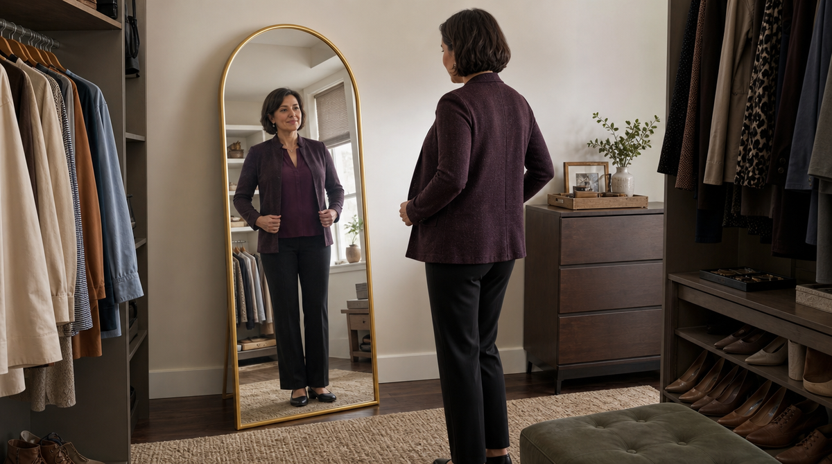 “Woman adjusting her blazer in a gold arched floor mirror between clothing racks in a walk-in closet.”
