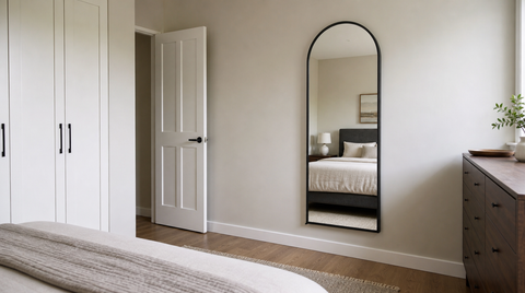 “Black arched full length mirror mounted on a bedroom wall between an open door and a dresser.”
