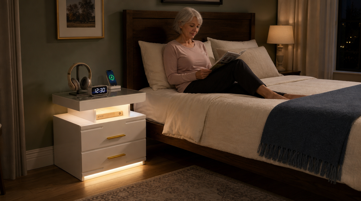 “White two-drawer nightstand with warm shelf and base lighting, topped with headphones, a clock, and a phone.”