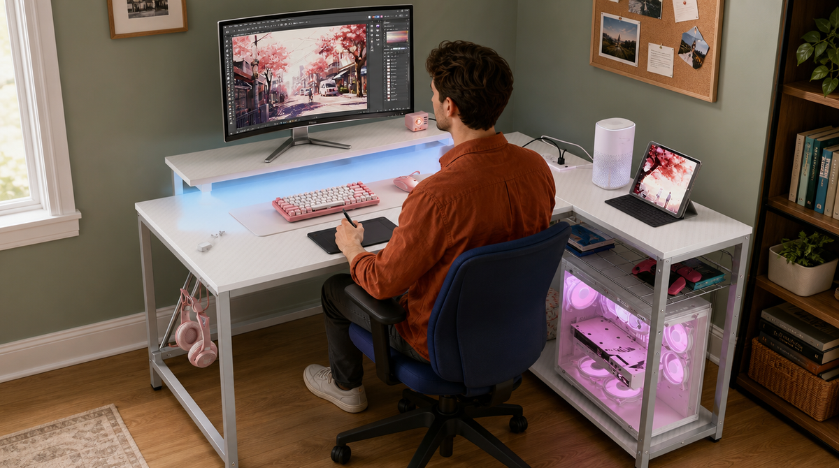 “Man using a drawing tablet at a white L-shaped desk, with artwork displayed on the raised monitor.”