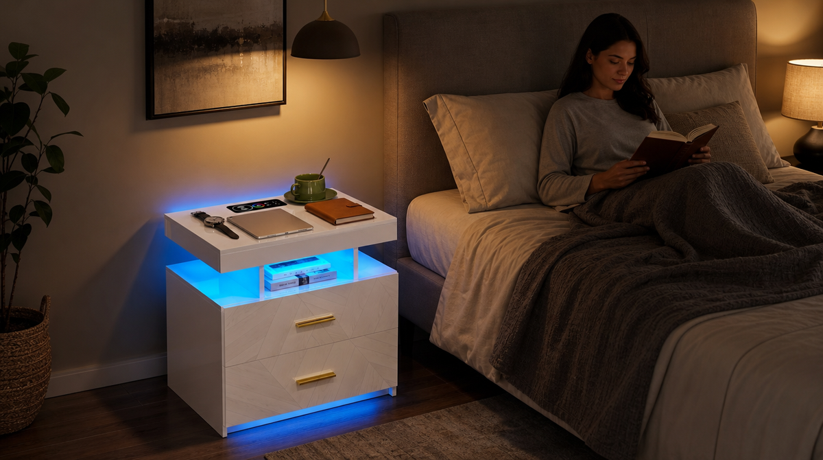 “White two-drawer LED nightstand with blue shelf and base lighting beside a woman reading in bed.”