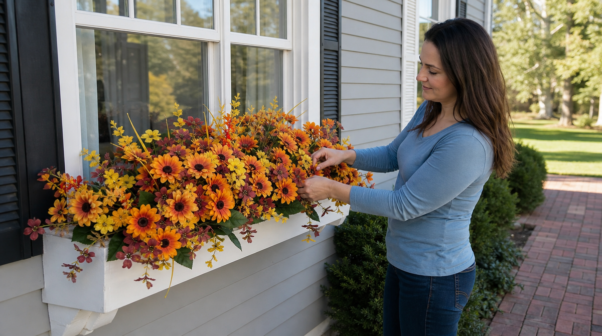 Woman arranging large orange blooms with smaller yellow and burgundy flowers in a white outdoor window box.