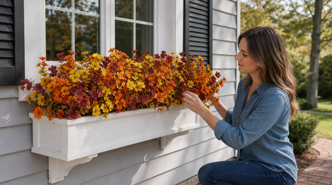 Dense orange, yellow, and burgundy artificial daisies fill a long white window box beneath black shutters.