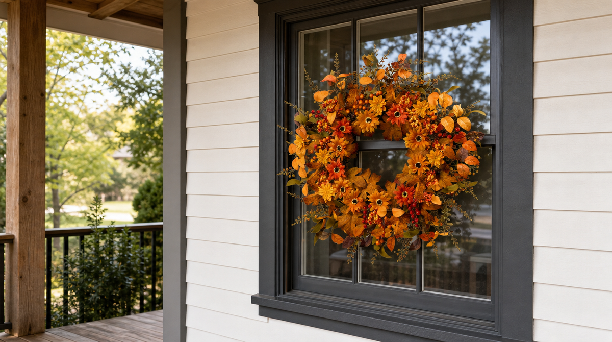 Fall wreath with orange flowers, berries, and golden leaves hanging on a black-framed window beneath a porch roof.