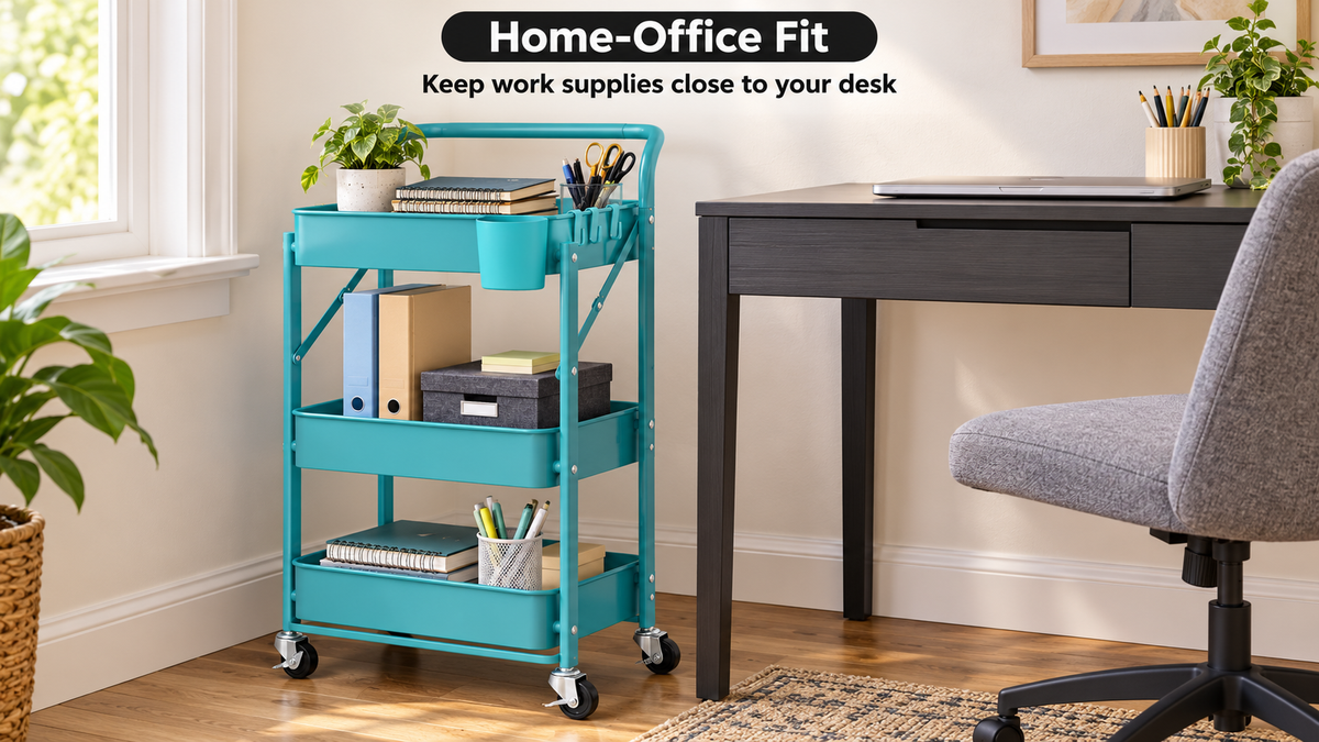 Teal three-tier rolling cart beside a desk, organizing notebooks, binders, a storage box, pens, and scissors.