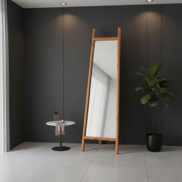Modern Floorstanding Mirror – Natural Wood Frame | Designer Accent | Trufairs